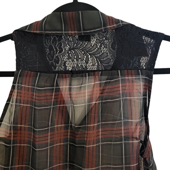WET SEAL | Sheer Flannel Red & Green Sleeveless Blouse - Picture 7 of 9